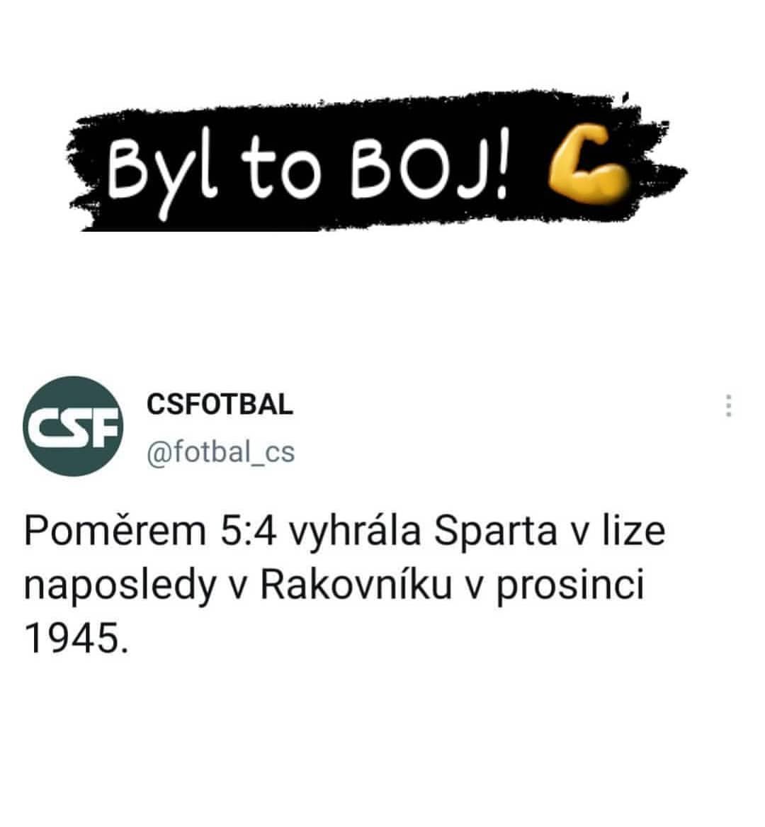 Dnes to byl boj! @acsparta_cz  naposledy vyhrála v lize na hřišti soupeře 5:4 v prosinci 1945 v Rakovníku ??❤

Zdroj: twitter CSFOTBAL
#acsparta #acspartapraha #spartaforever #fortunaliga  #mlbspa